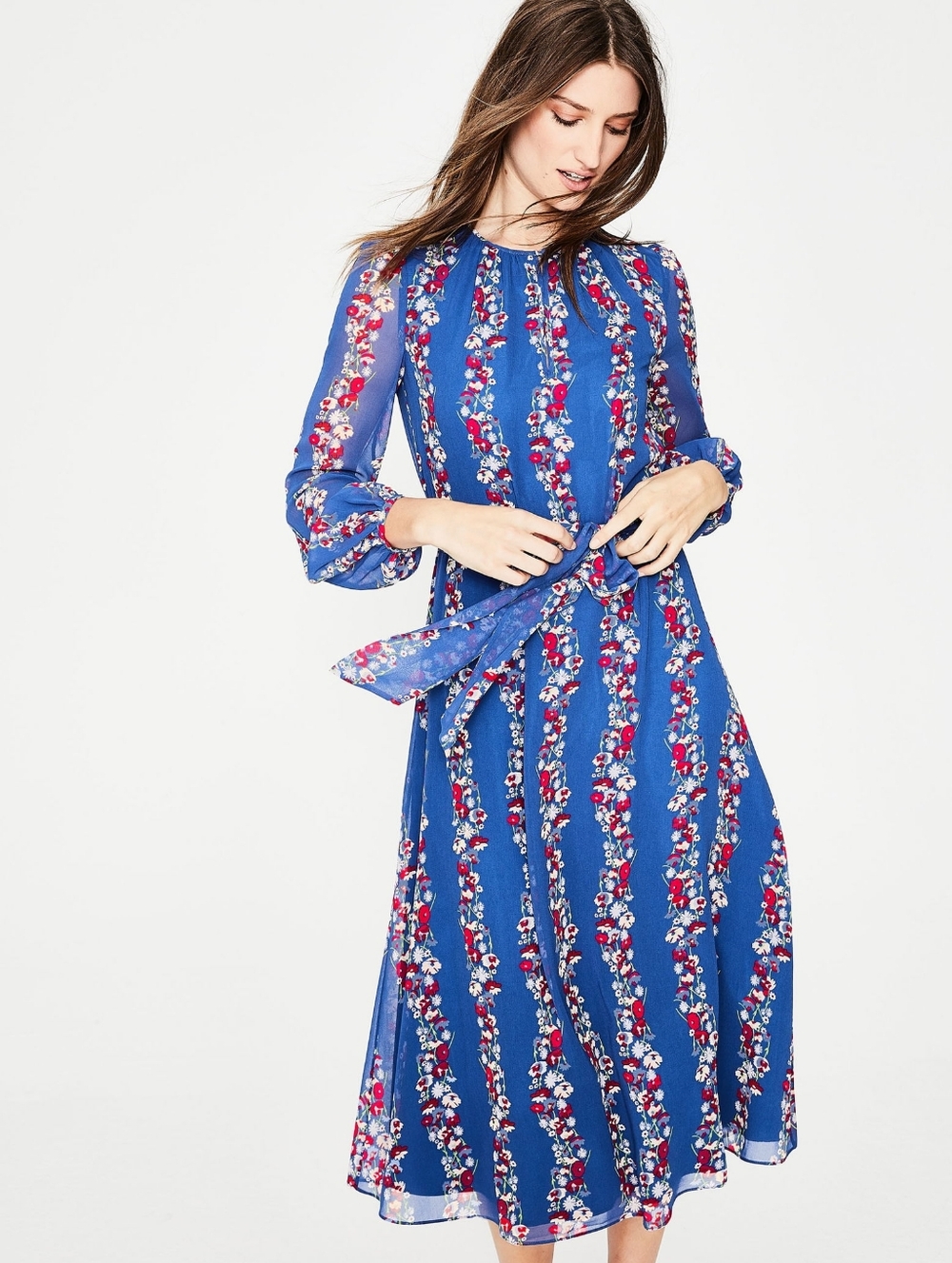 Boden Dress Kathleen Blue Floral Midi Lined Party Office Long Sleeve Size 8R